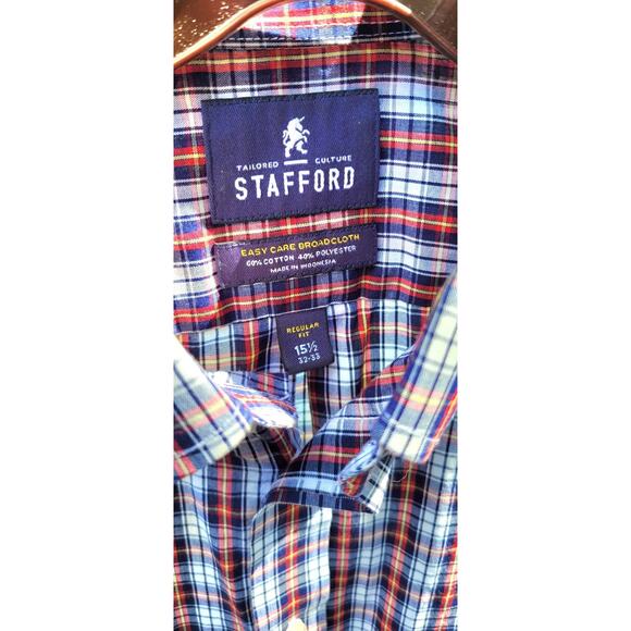 Stafford Men’s 15 1/2 32/33 Travel Easy Care Plaid Dress Long Sleeve Button Down - Picture 3 of 4